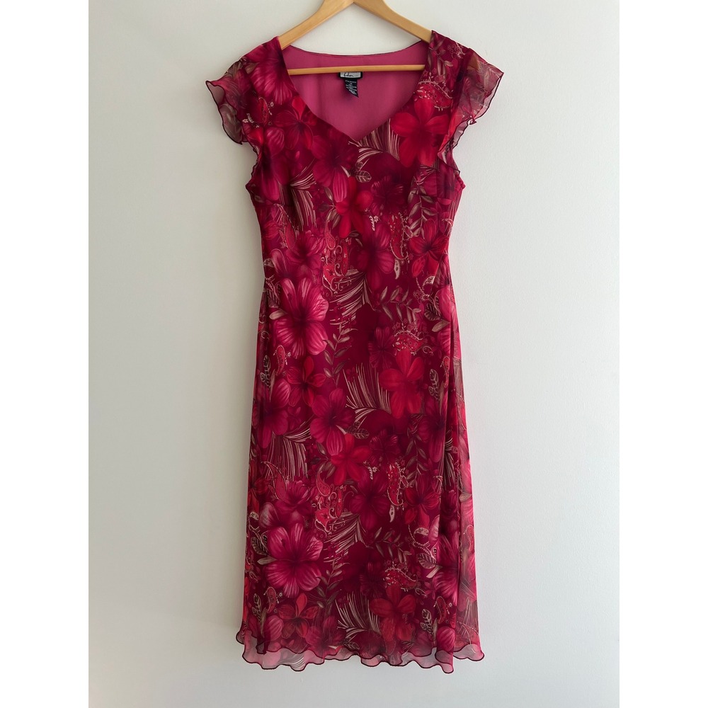 Believe Floral Midi Dress 14 Y2K Tropical Hibiscus Cottagecore Ruffle Chiffon